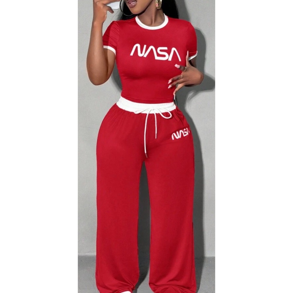 Red Sweatpants and Top with White NASA Logo
